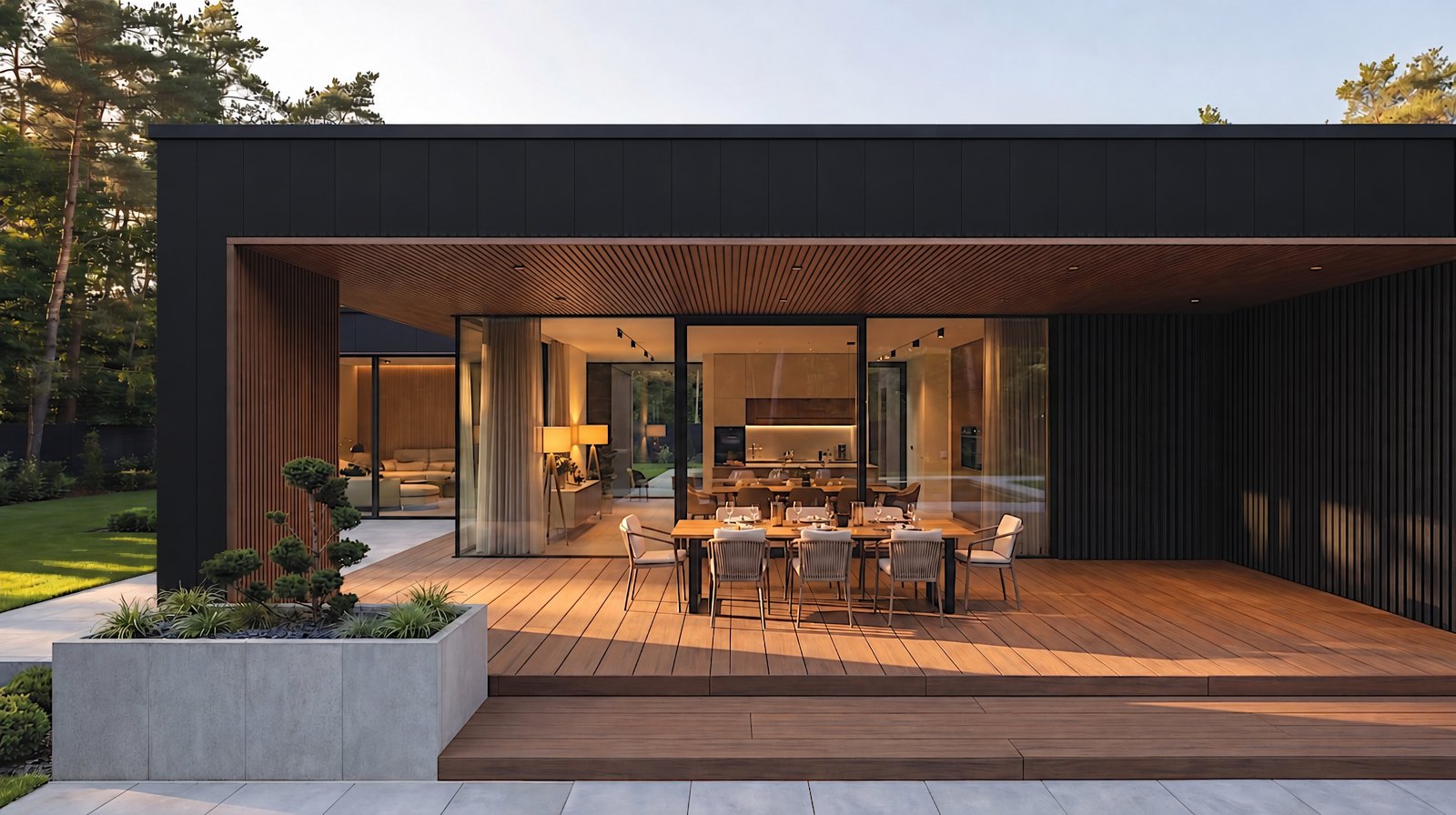 Padiglione con rivestimento Legro Rhombus e terrazza in fibra di legno